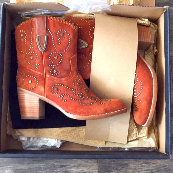 Frye Orange Heeled Boots with Studded Design - Picture 1 of 3
